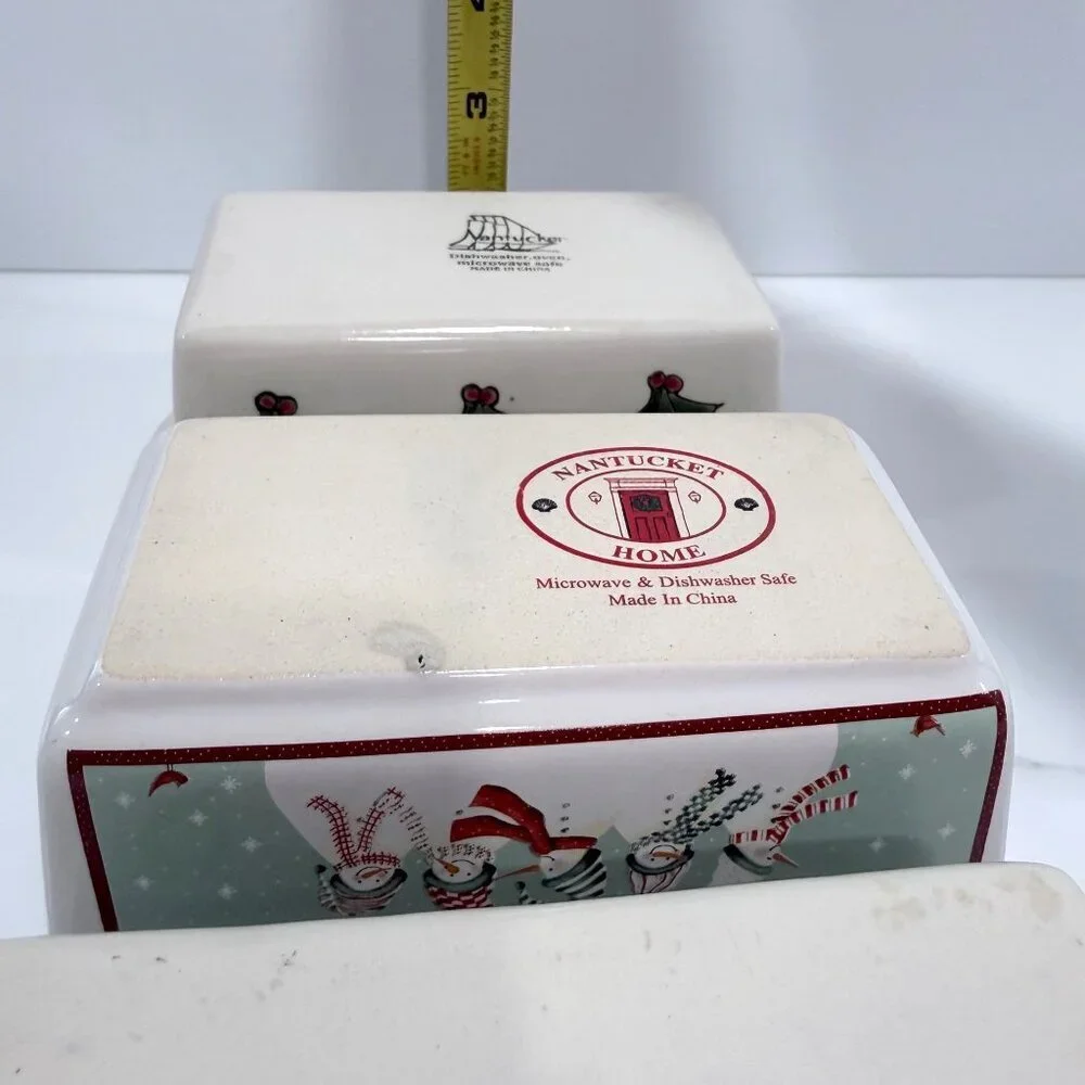 Nantucket Set of 3 Ceramic Mini Bread Loaf Pans SANTA Snowmen Holly Holiday 5x3